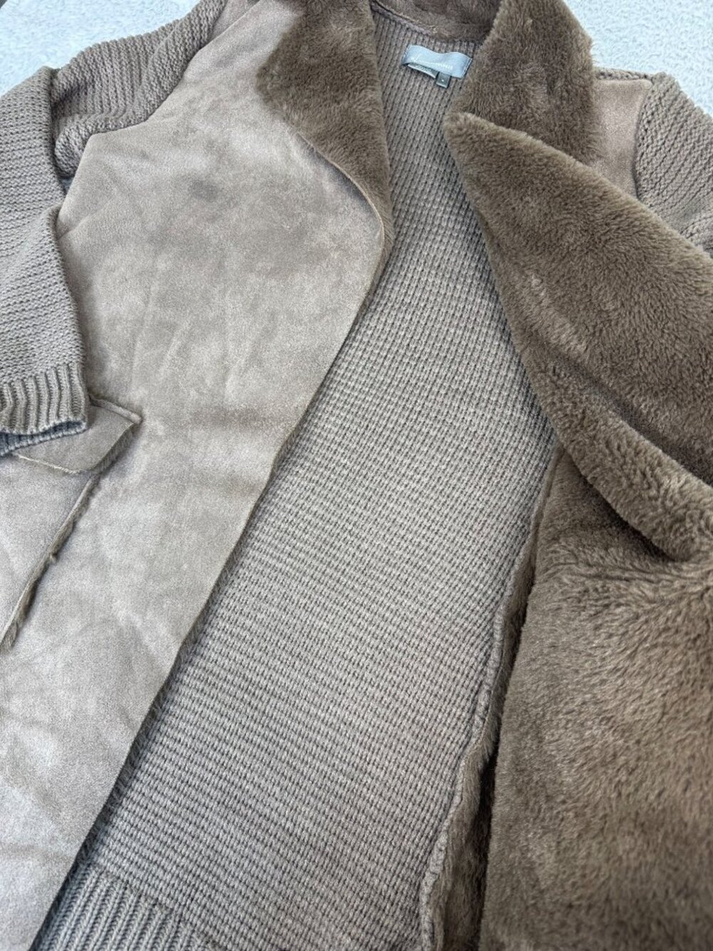 Anthropologie Sweater M Taupe Faux Suede Knit Long Coat W/Faux Shearling Collar - Picture 10 of 12